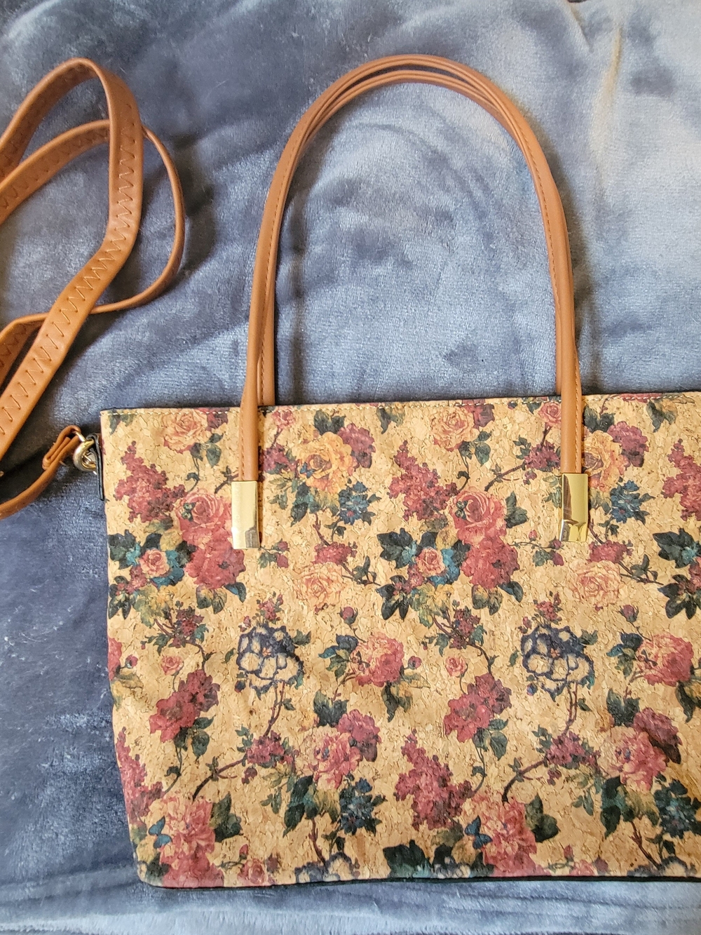 Floral Cork Shoulder Bag with Tan Handles